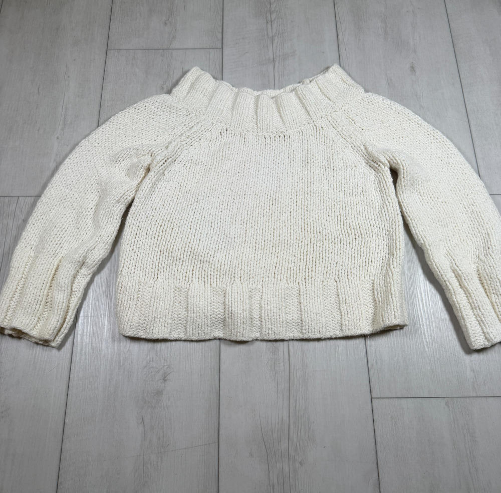 Free People Women Small Ivory Chunky Knit Round Neck 100% Cotton Sweater Winter